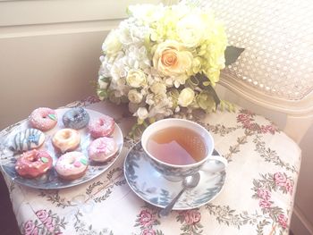 High angle view of tea served on table