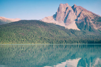 Scenic view of lake by mountains against clear sky