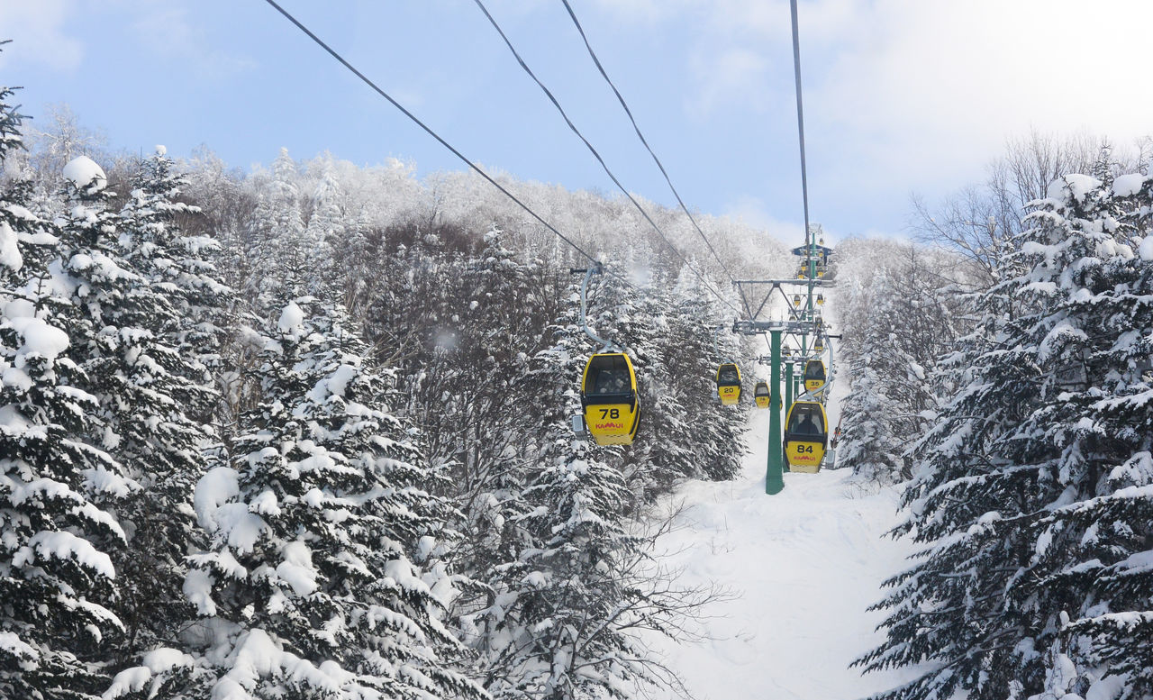 OVERHEAD CABLE CAR ON SNOW COVERED MOUNTAIN