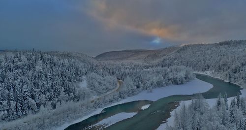 Scenic view of snow covered mountains against sky