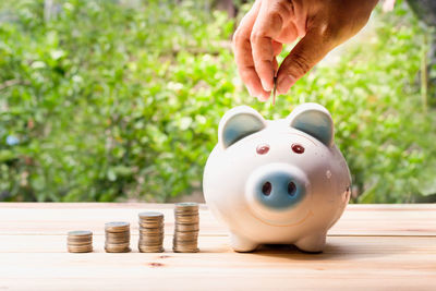 Cropped hand putting coin in piggy bank on table