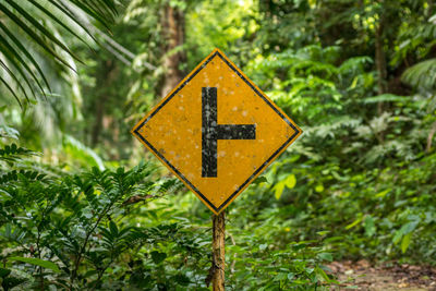 Close-up of road sign against trees