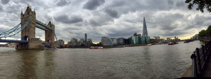 Panoramic view of city skyline against cloudy sky