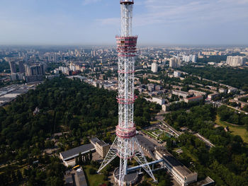 High angle view of city buildings against sky