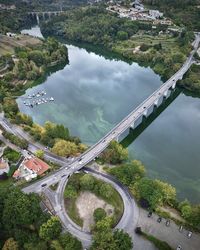 High angle view of road amidst trees