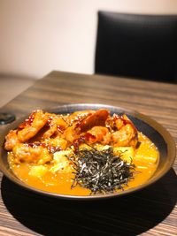 High angle view of meat in plate on table