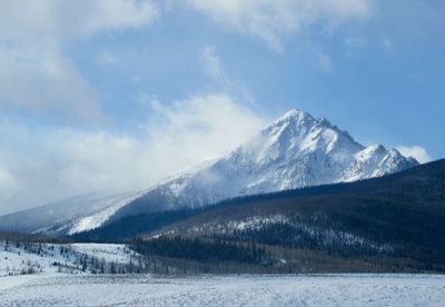 Scenic view of snowcapped mountains against sky