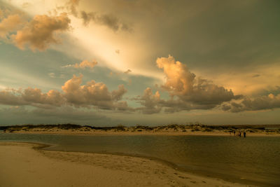 Scenic view of beach against cloudy sky