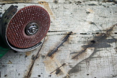 High angle view of old metal on table