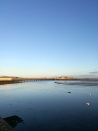 Scenic view of sea against clear blue sky