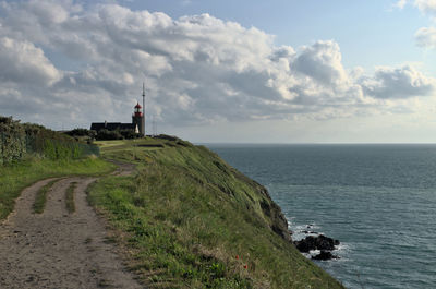 Lighthouse over a cliff  against sky