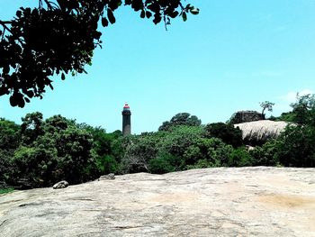 Low angle view of lighthouse against clear sky