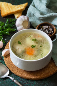 High angle view of soup in bowl on table