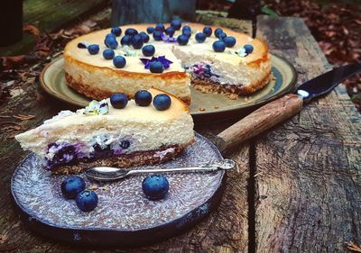 Close-up of pie served in plate on table