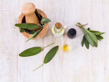 Close-up of herb with liquid on table