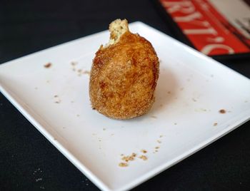 High angle view of bread in plate on table