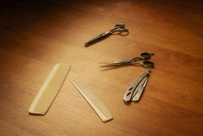 High angle view of work tools on table