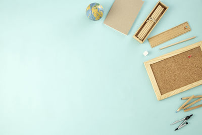 High angle view of books on table