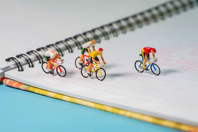 High angle view of bicycles on table