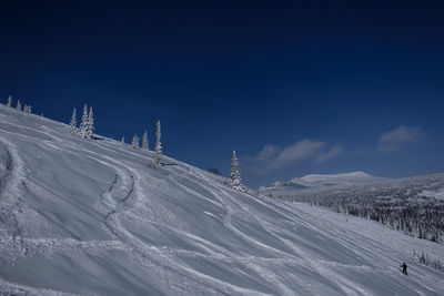 Sunny winter morning in the mountains of sheregesh on the ski track