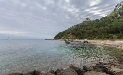 Scenic view of sea against cloudy sky