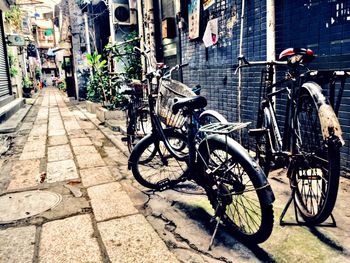 Bicycles on sidewalk in city