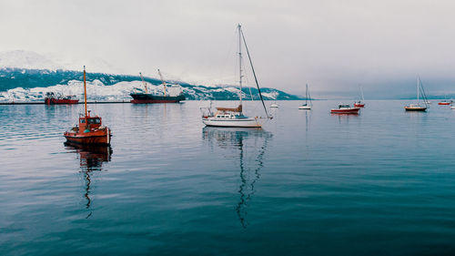 Sailboats in sea against sky