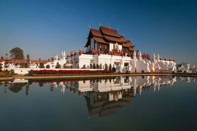 Reflection of buildings in lake