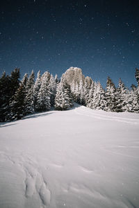 Scenic view of snow covered landscape against clear sky at night