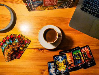 High angle view of coffee cup on table