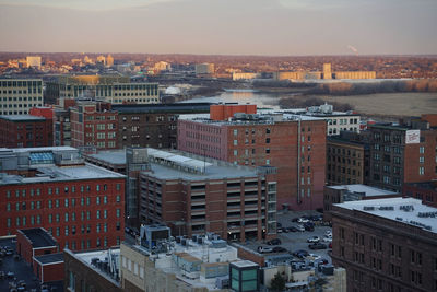 High angle view of buildings in city during winter