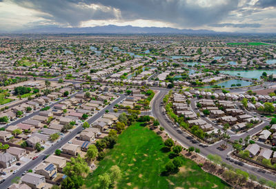 High angle view of townscape against sky