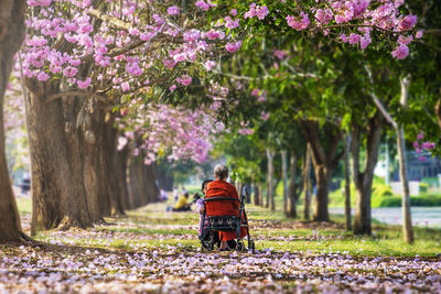 Rear view of man walking on footpath