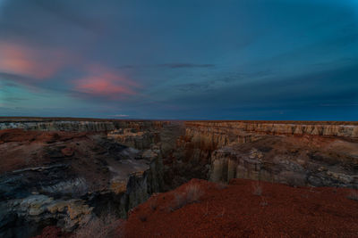 Scenic view of rocky landscape against sky during sunset