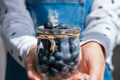 Woman holding bowl with fresh blueberries. harvesting concept. female hands collecting berries. 