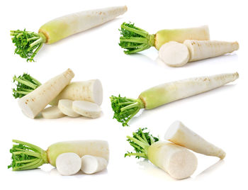 High angle view of chopped vegetables against white background