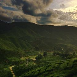 Scenic view of agricultural field against dramatic sky