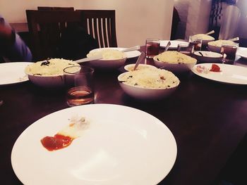 High angle view of ice cream in plate on table