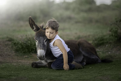 Little boy is on the grass hugging a donkey