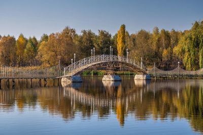 Bridge over the lake on a sunny autumn evening in the village of ivanki, cherkasy region, ukraine