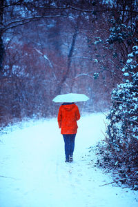 Rear view of woman walking in snow