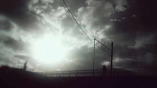 Low angle view of power lines against cloudy sky