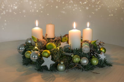 High angle view of christmas decorations on table