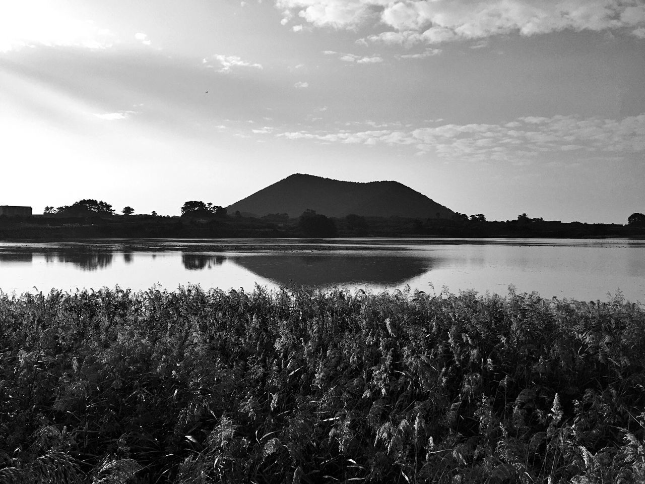 water, lake, tranquil scene, sky, tranquility, scenics, reflection, beauty in nature, mountain, nature, plant, cloud - sky, lakeshore, cloud, river, mountain range, idyllic, calm, grass, growth