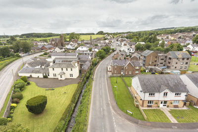 High angle view of buildings against sky