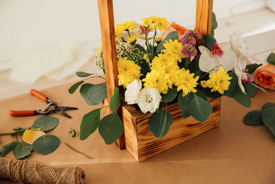 High angle view of flower bouquet on table