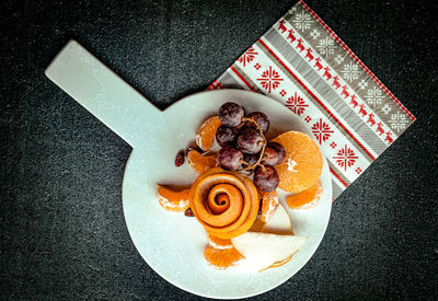 High angle view of dessert in plate on table