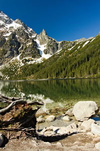 Scenic view of lake by snowcapped mountains against sky