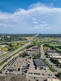 High angle view of cityscape against sky