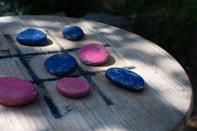 High angle view of multi colored balls on table